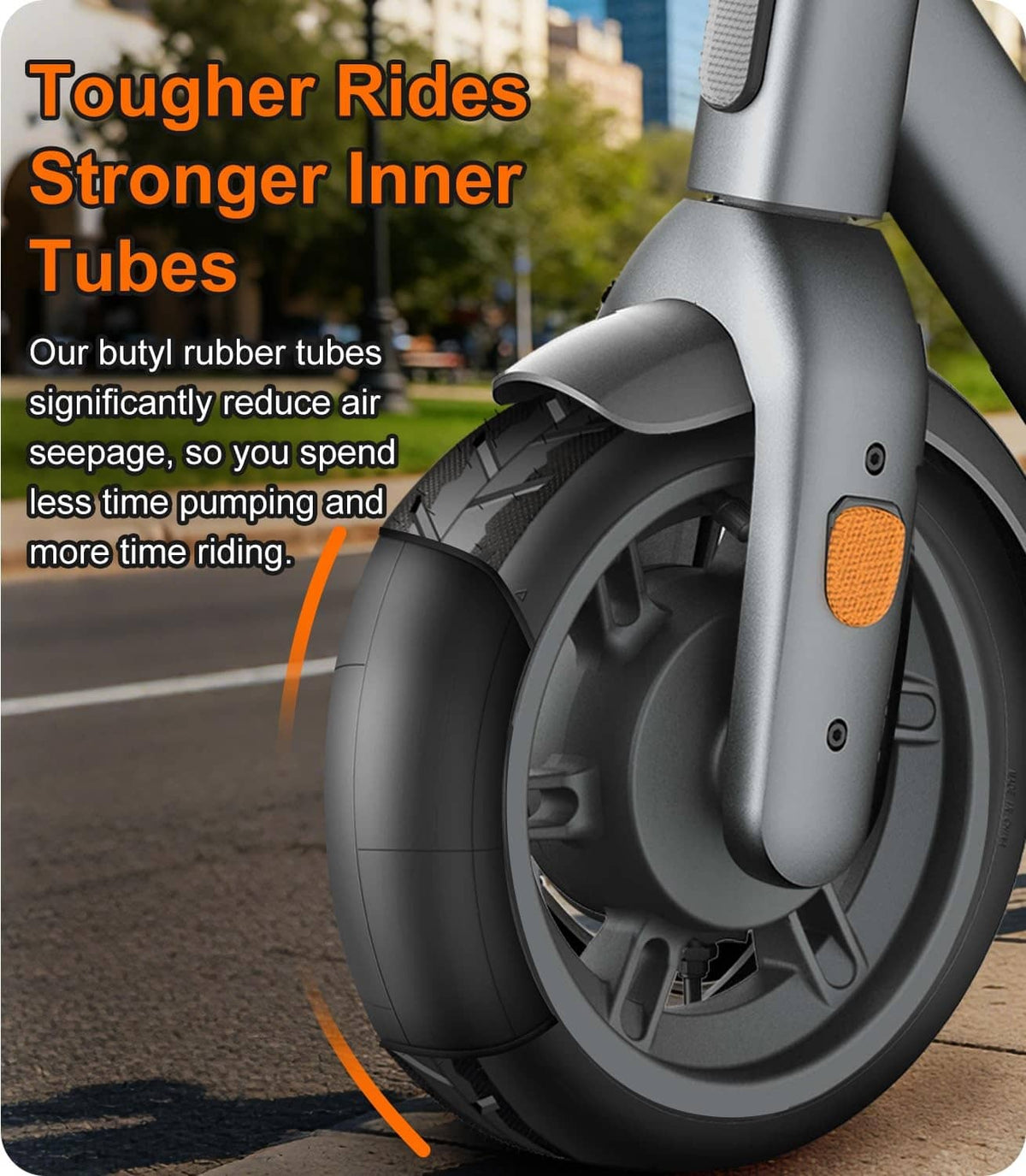 Black scooter inner tube with valve next to the wheel, durable butyl tube