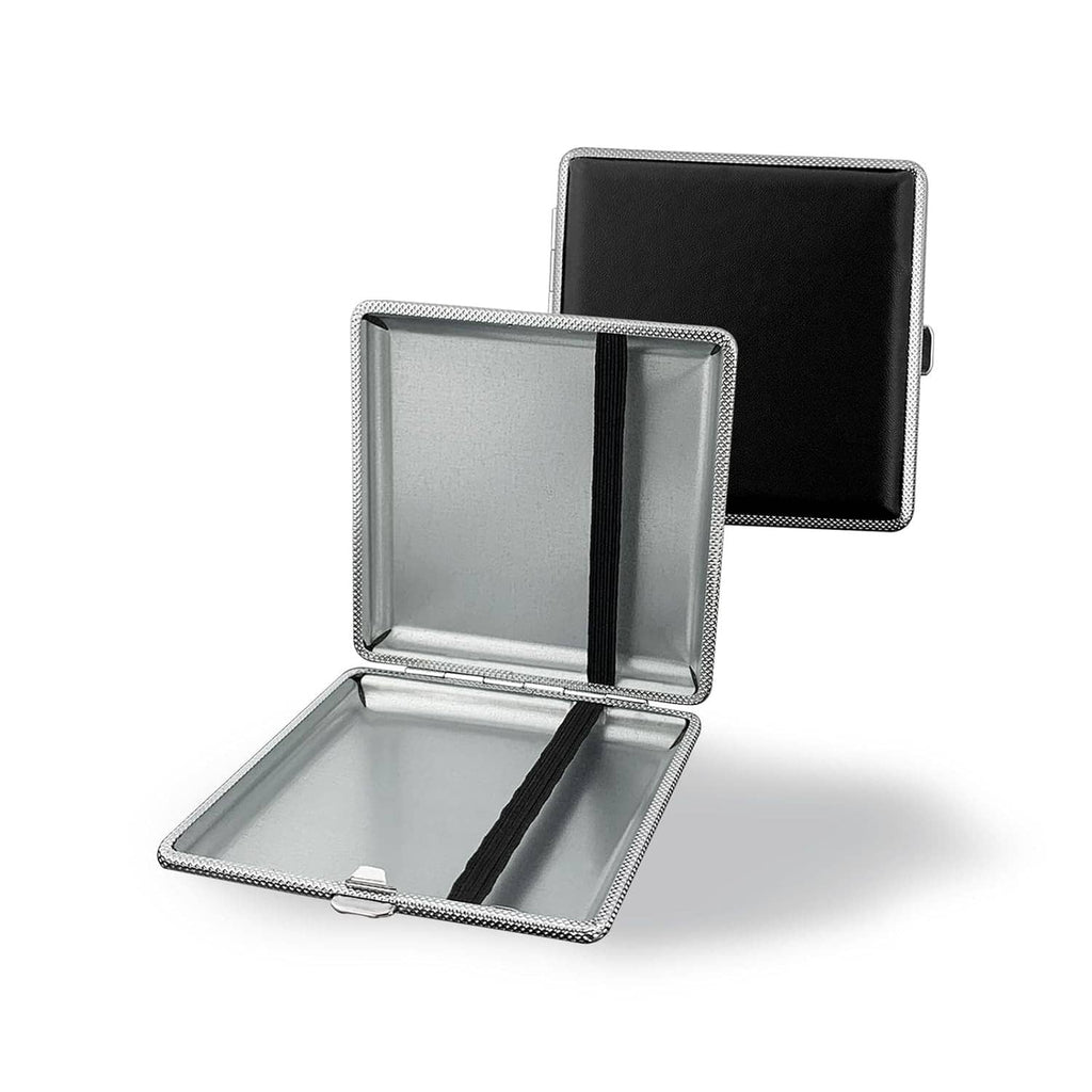 Open black cigarette case with silver metal frame and inner compartment, hinged