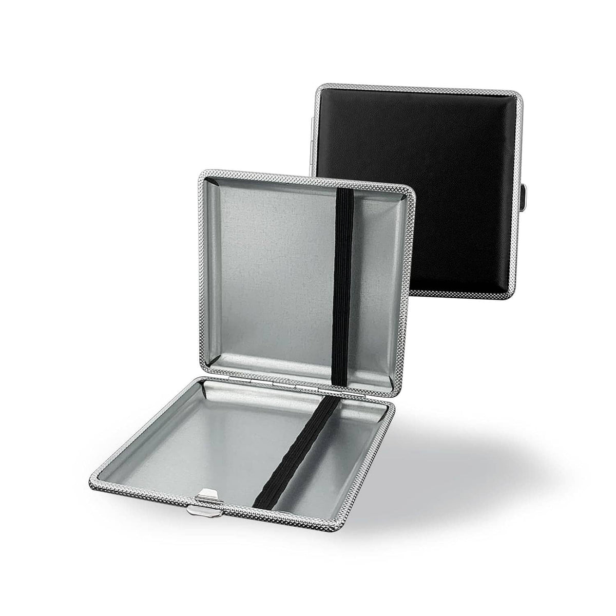 Open black cigarette case with silver metal frame and inner compartment, hinged
