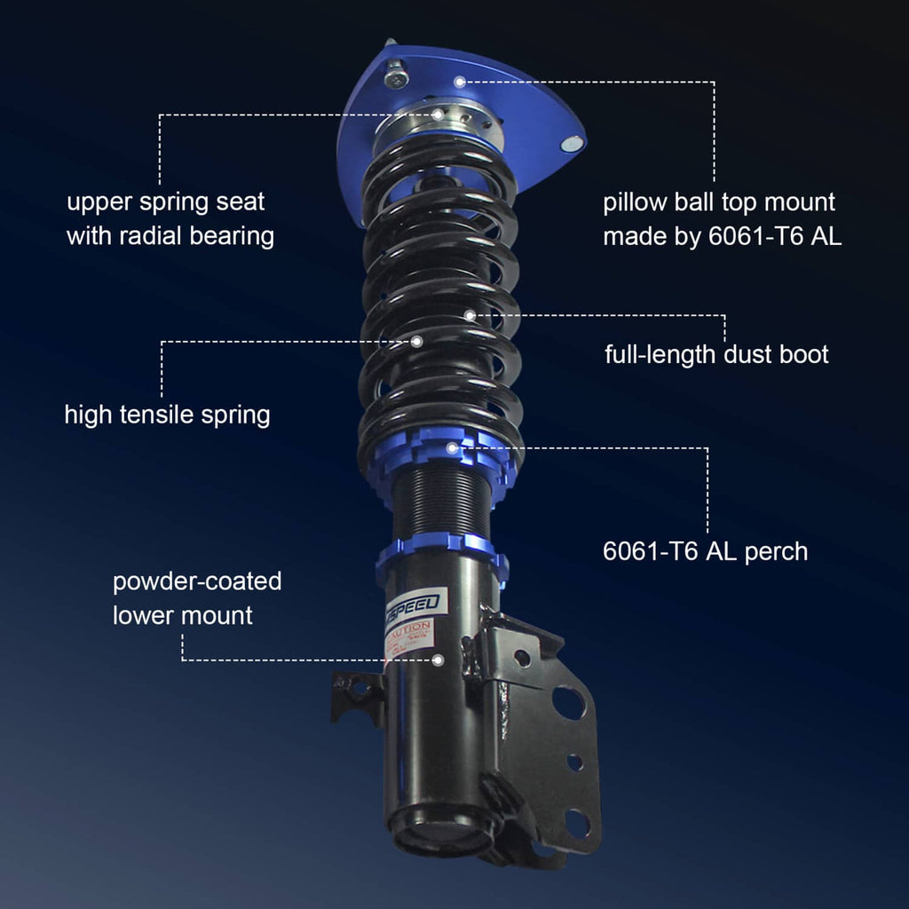 Blue coilover strut with black body, full-length dust boot, and top mount details