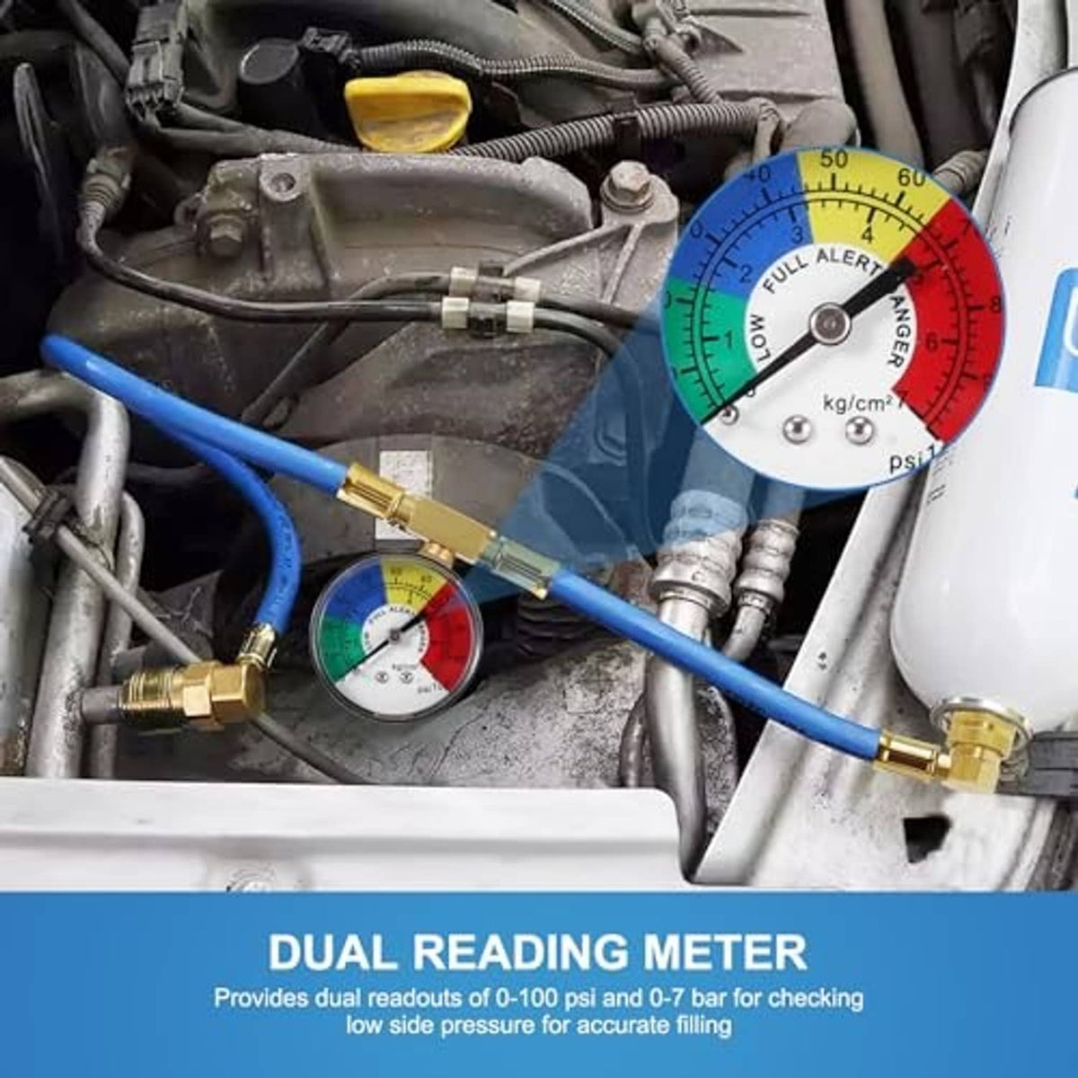 AC refrigerant charge hose with pressure gauge connected in engine compartment