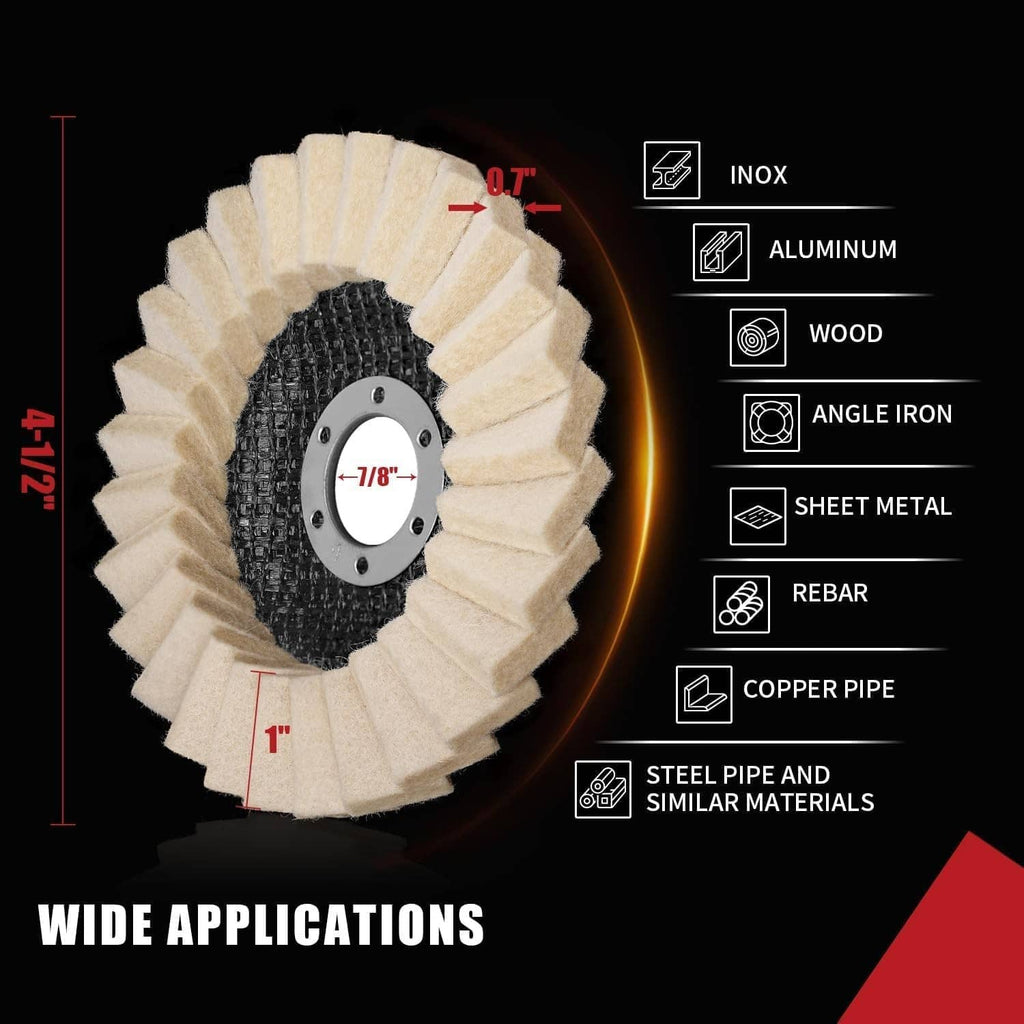 Circular wool flap disc with beige polishing edges around a dark backing plate