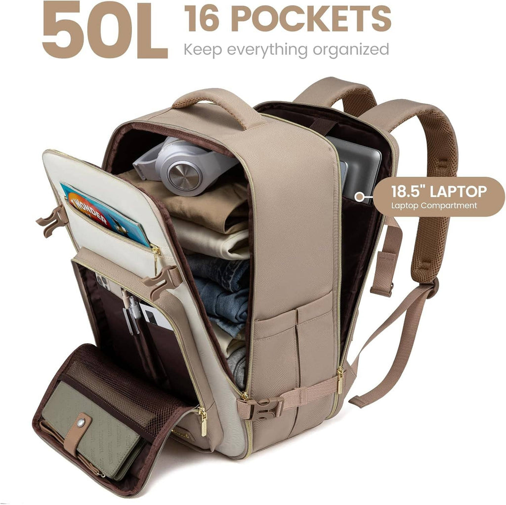 Beige carry-on backpack opened to show interior compartments and padded laptop sleeve