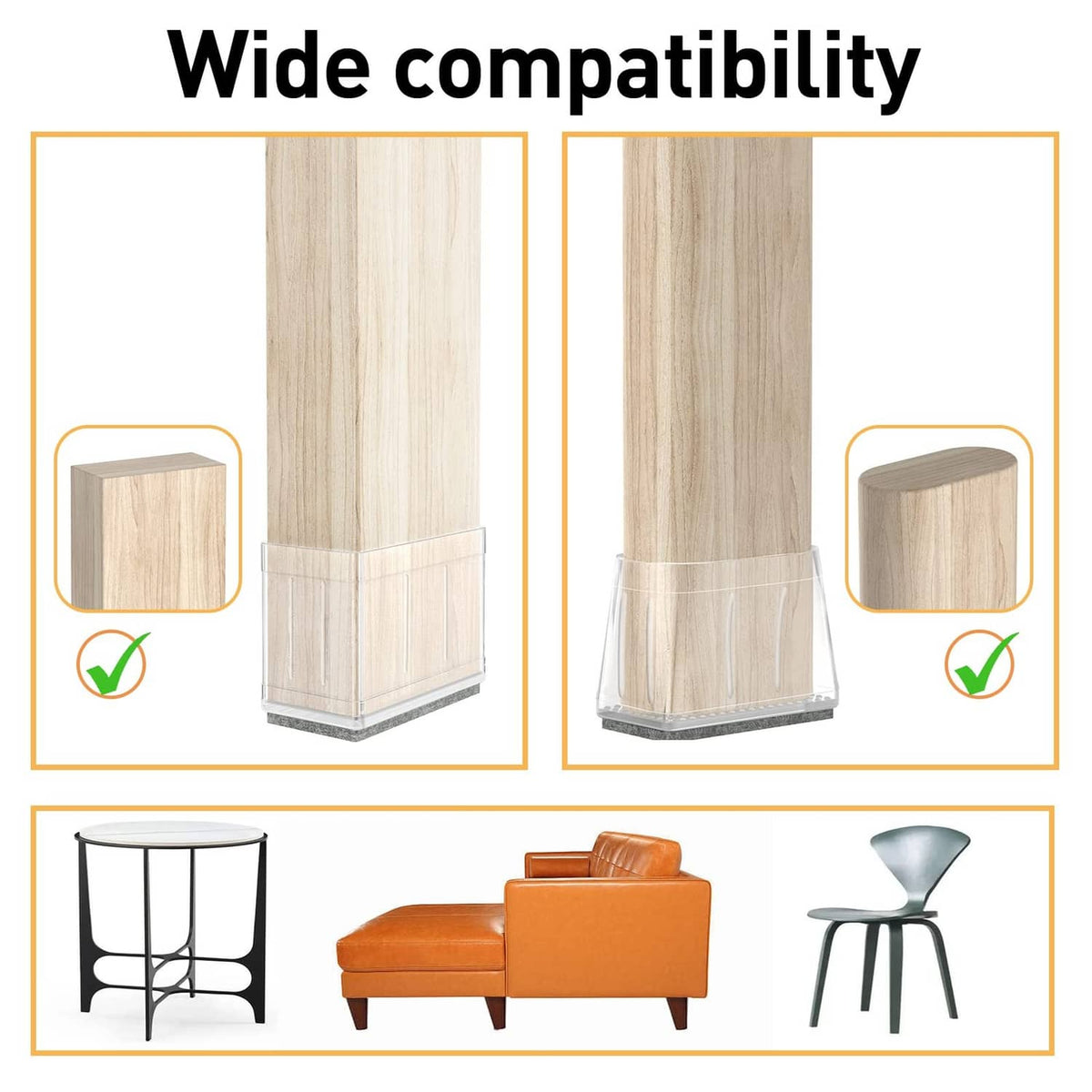 Clear rectangular chair leg protectors for wooden furniture legs
