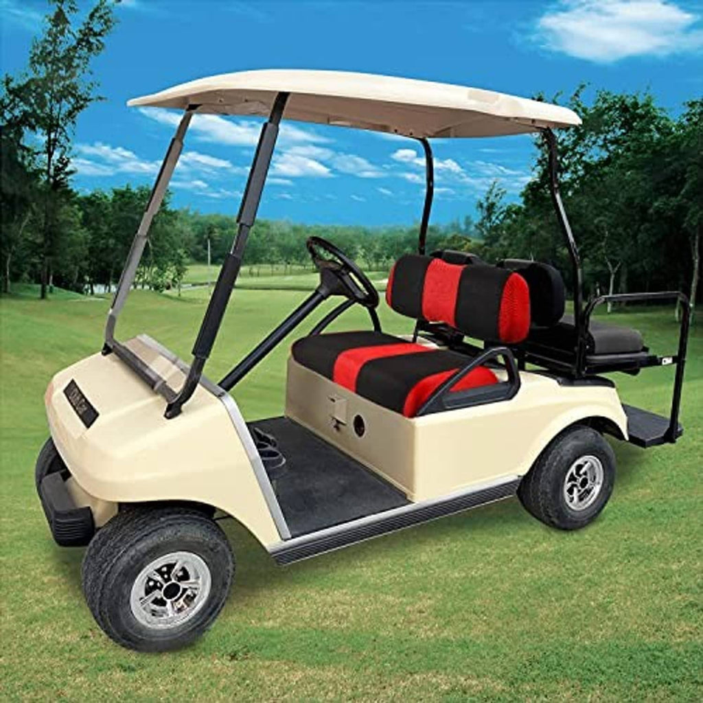 Golf cart front seats with red-and-black seat cover cushions and matching headrest