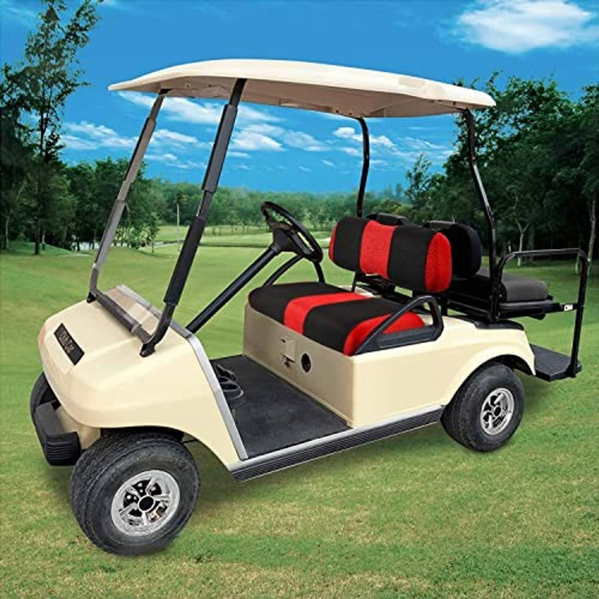 Golf cart front seats with red-and-black seat cover cushions and matching headrest