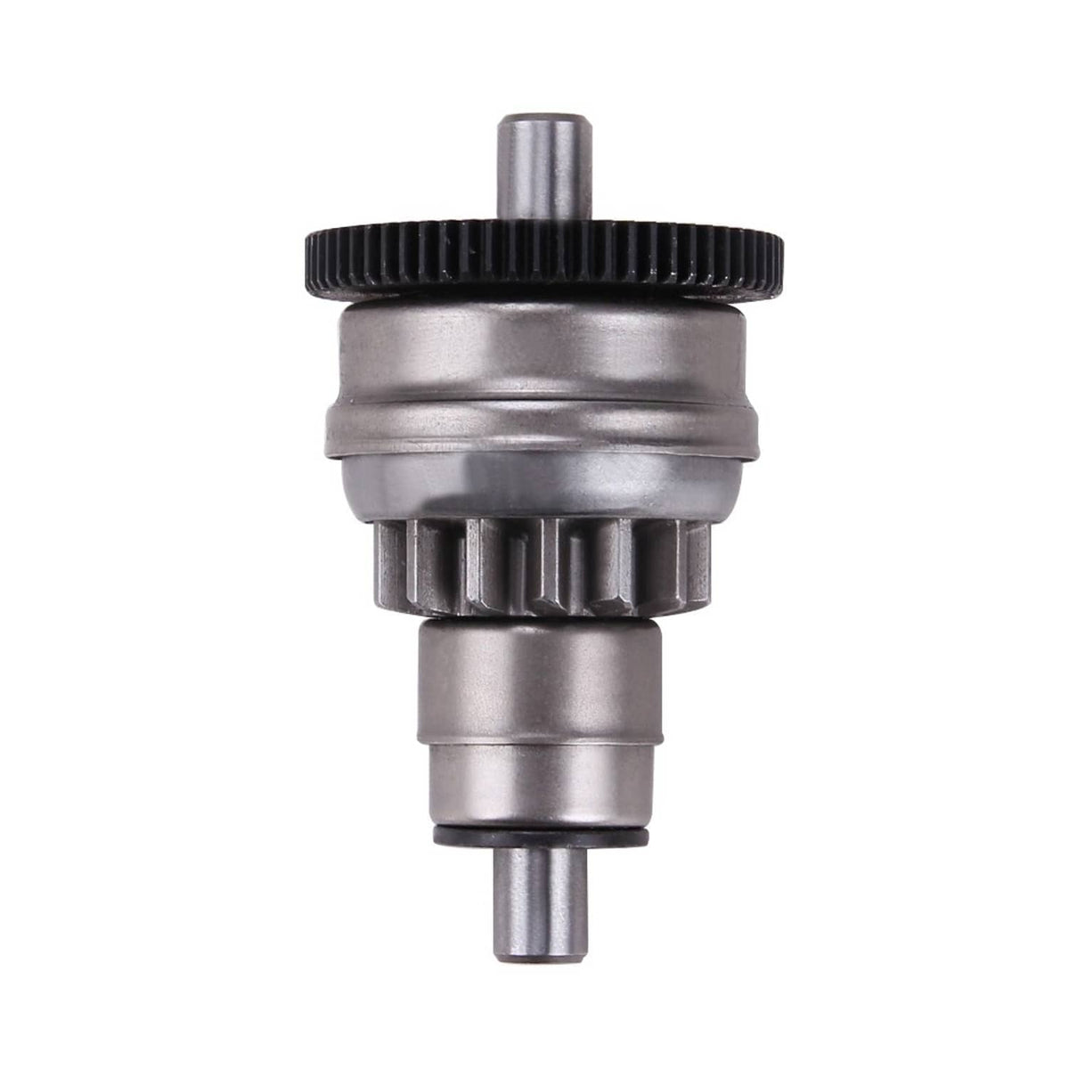 Starter clutch gear front close-up, silver body with black toothed cap and center shaft