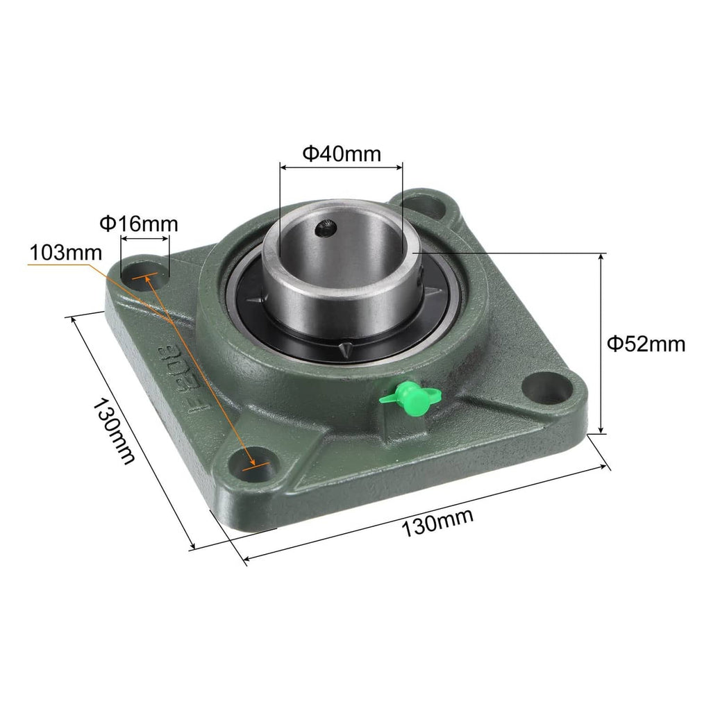 Green cast iron flange block bearing unit with central bearing bore and four mounting holes.