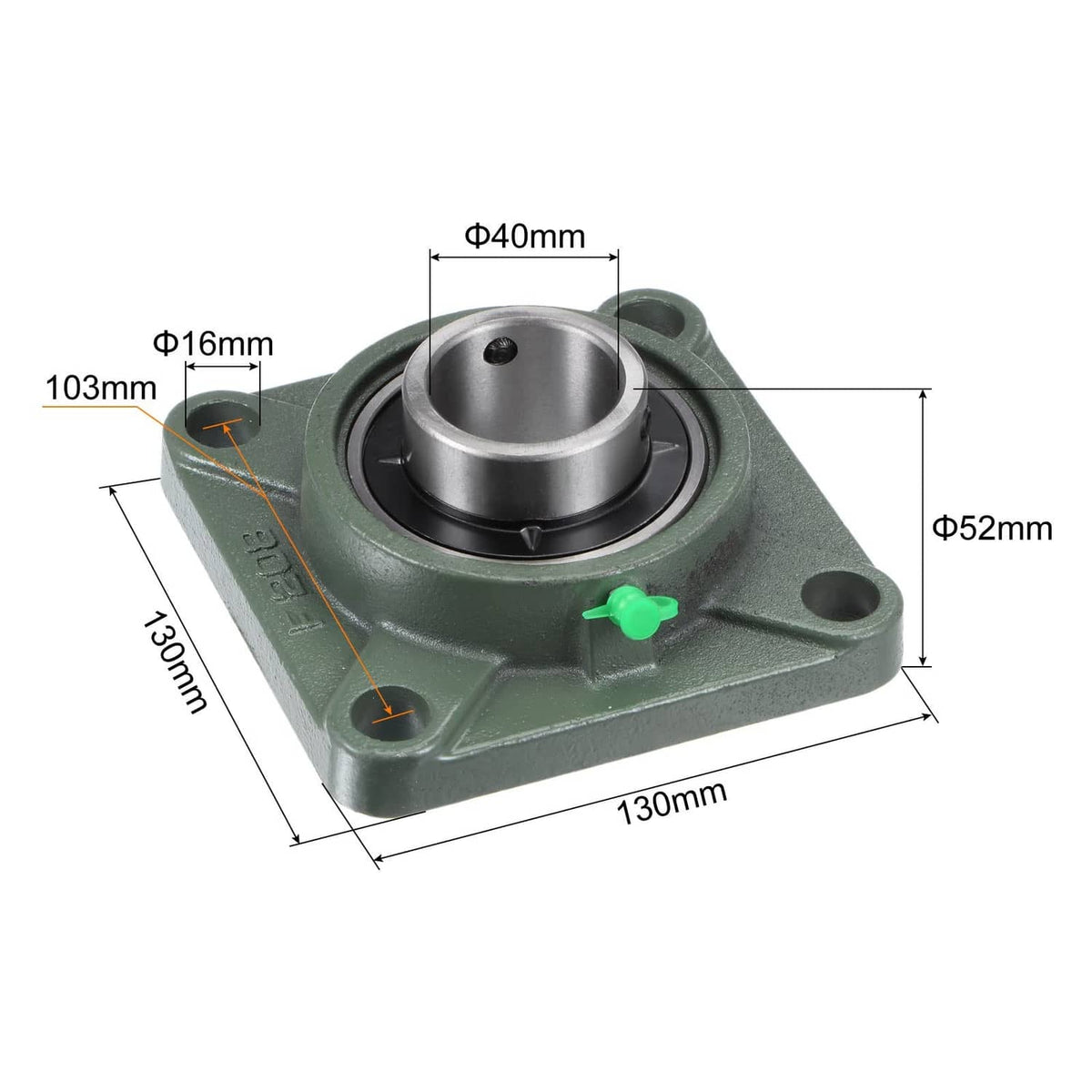 Green cast iron flange block bearing unit with central bearing bore and four mounting holes.