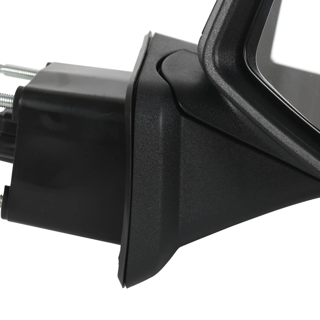 Black heated mirror assembly with angled housing and mounting bracket