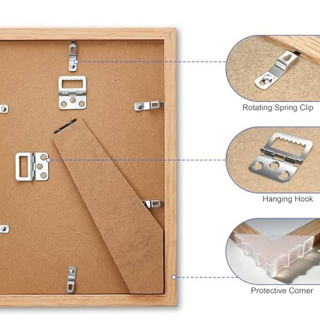 5x7 oak picture frame back with hanging hook clips and protective corner detail