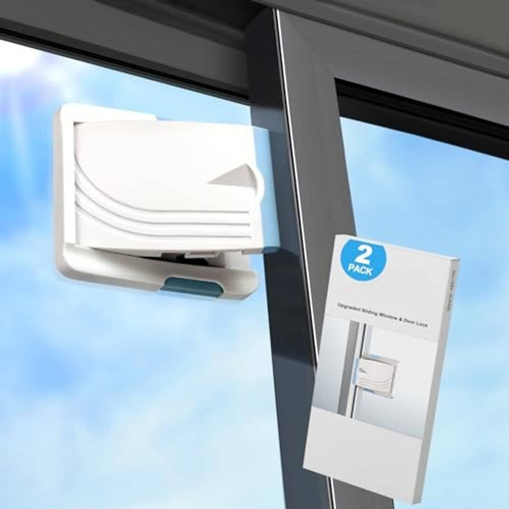 White sliding door safety lock with 2-pack box, attached to sliding glass door frame