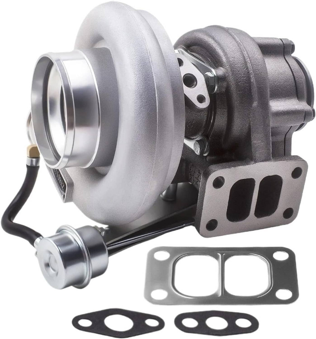 Turbocharger with silver compressor housing, black exhaust housing, and gasket set