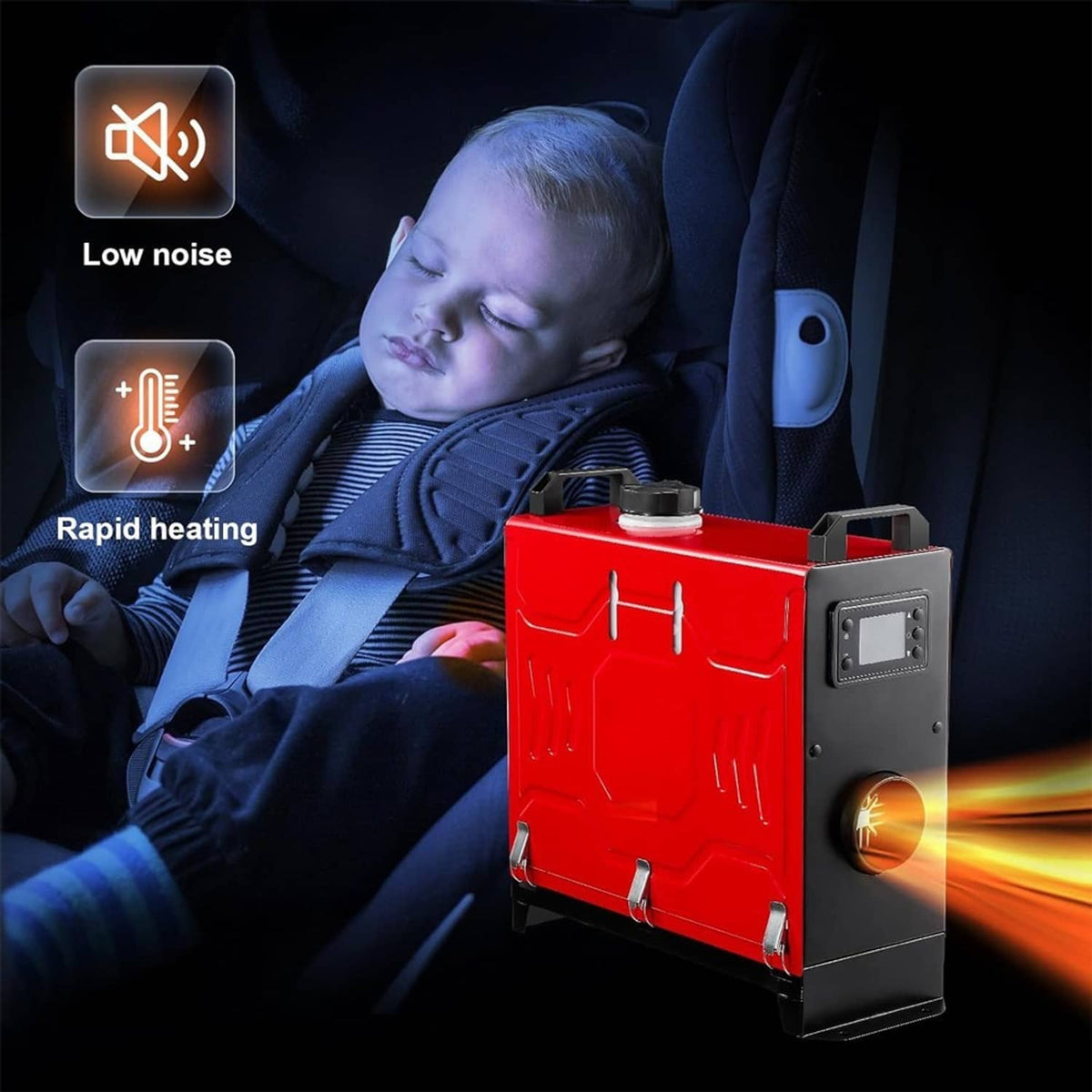 Red and black diesel air heater unit with control panel, compact front view