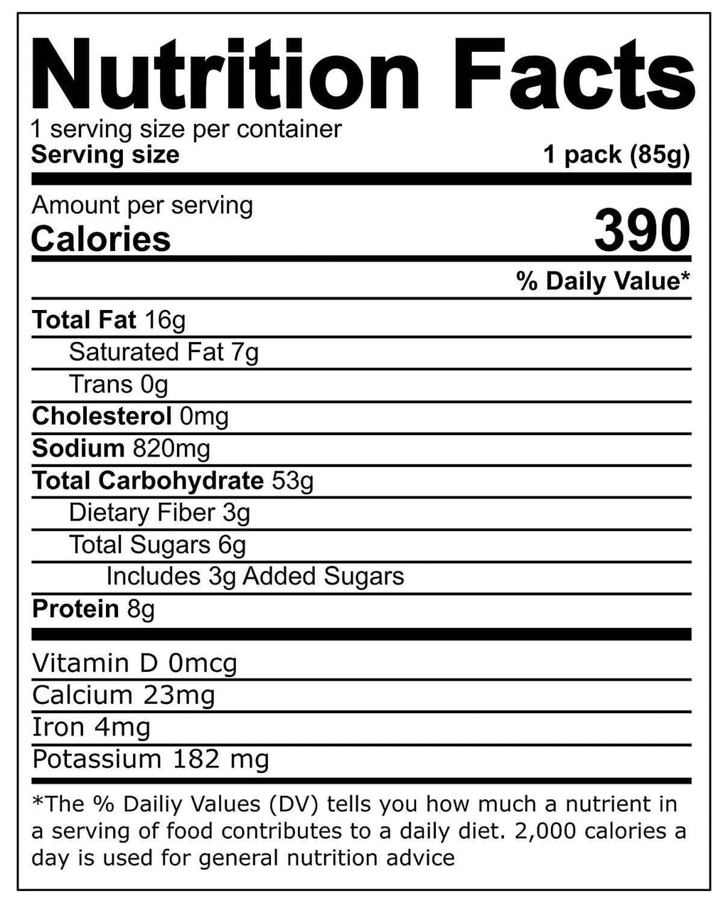 Nutrition Facts panel for instant noodles, listing calories and macronutrients
