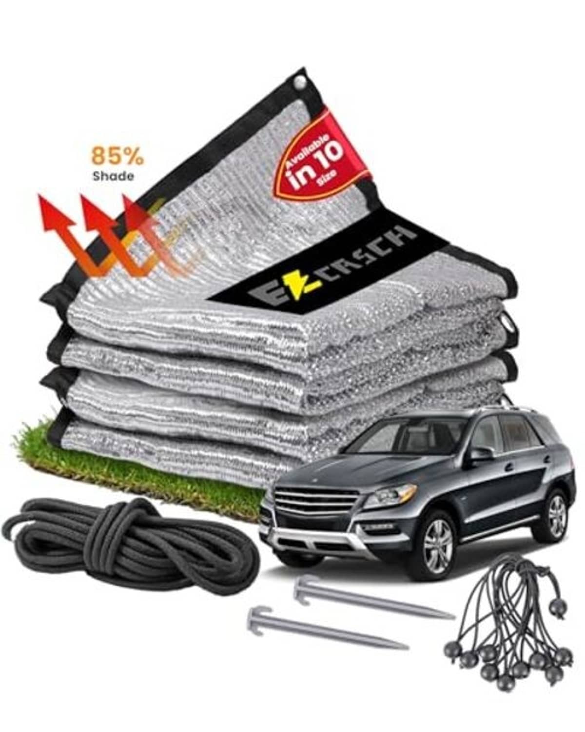 Stacked silver reflective shade cloth rolls with car cover, ropes, and ground stakes