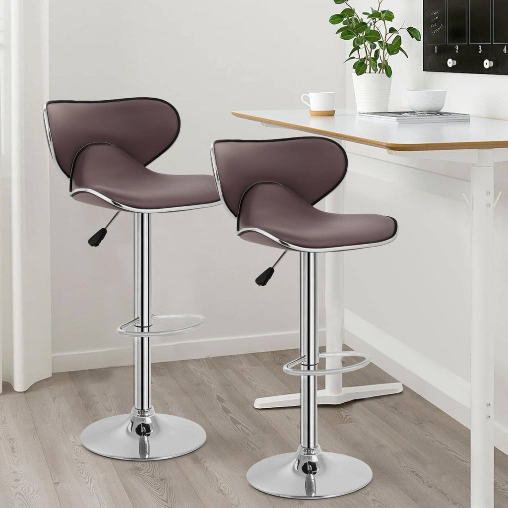 Two brown bar stools with backrests, chrome pedestal legs, and round footrest rings