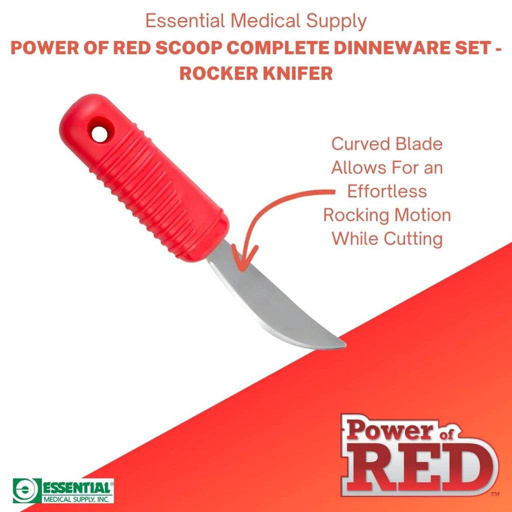 Red rocker knife with curved blade and ribbed non-slip handle