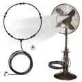 Black misting fan kit with pedestal fan, circular mist ring, and black tubing