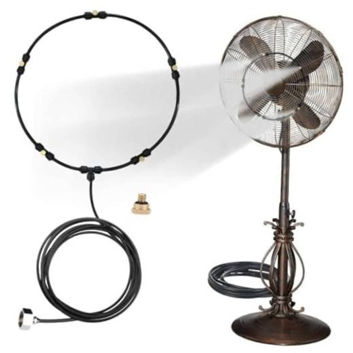 Black misting fan kit with pedestal fan, circular mist ring, and black tubing