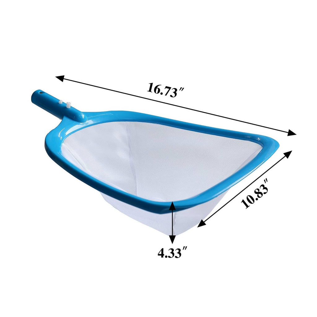 Pool skimmer rake with blue frame and white fine-mesh net; includes overall size.