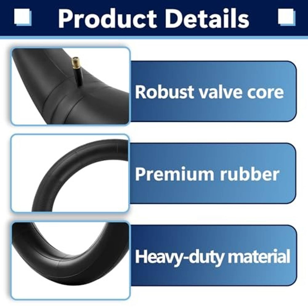 Black inner tube with valve stem and thick rubber body, product detail close-up.