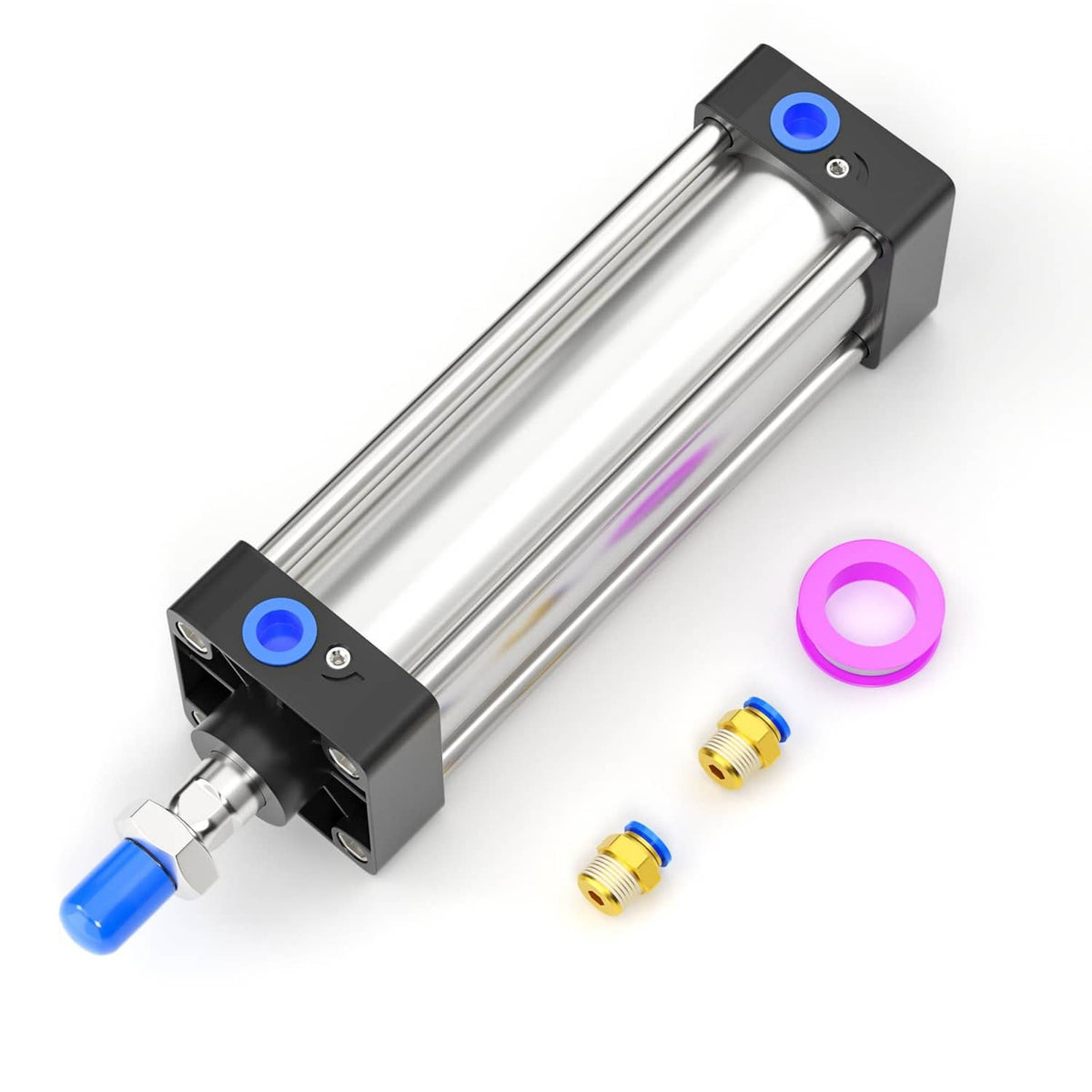 Pneumatic air cylinder with dual chrome rods, black end blocks, and blue ports