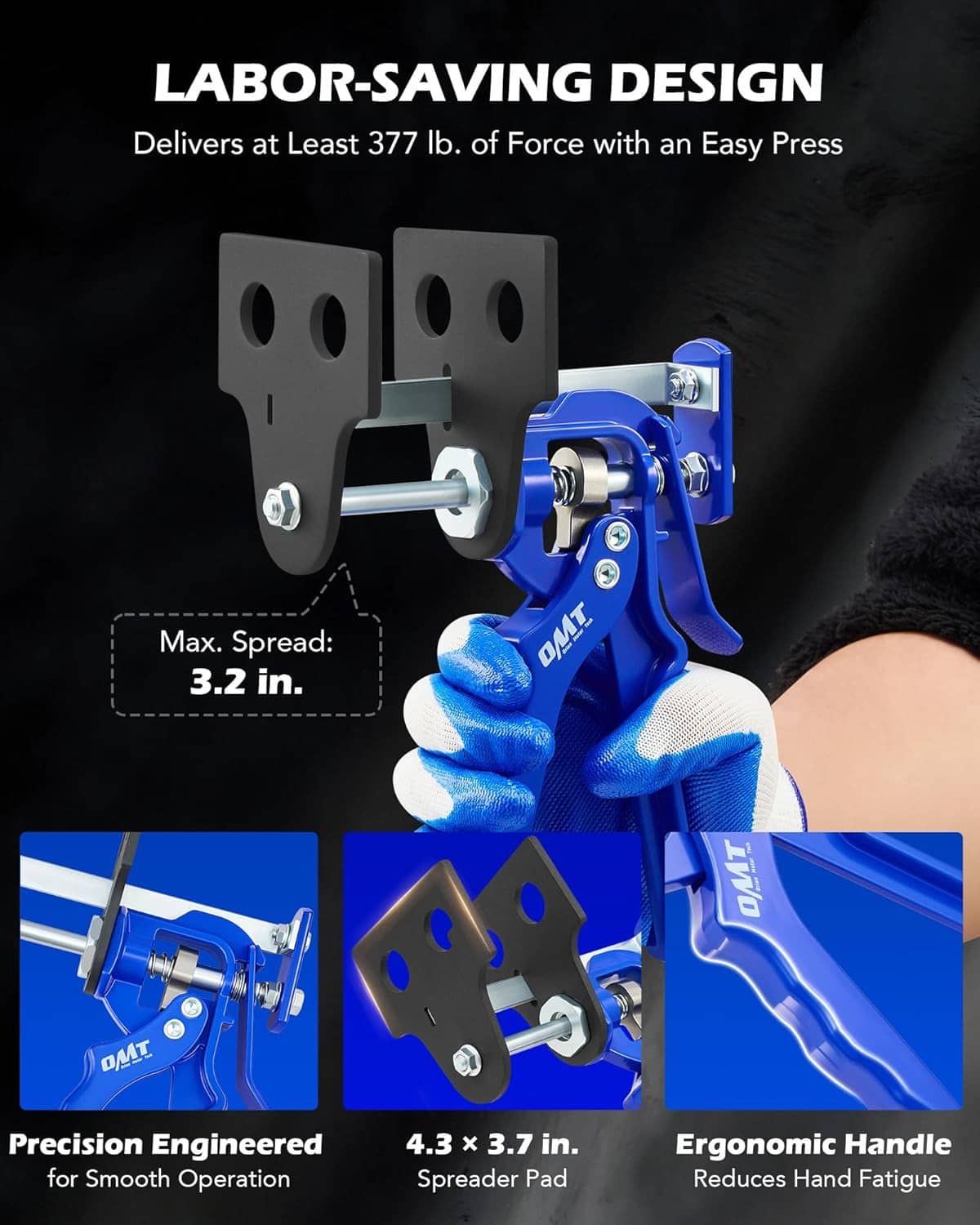 Blue brake caliper piston compressor tool with black spreader pad and gloved hand grip