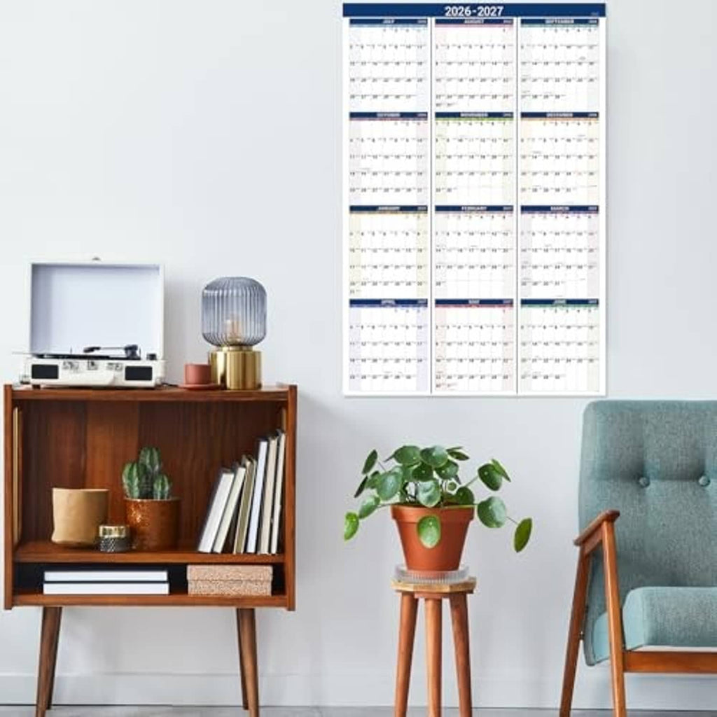 2026-2027 wall calendar with monthly date grids and blue header strips, July to June