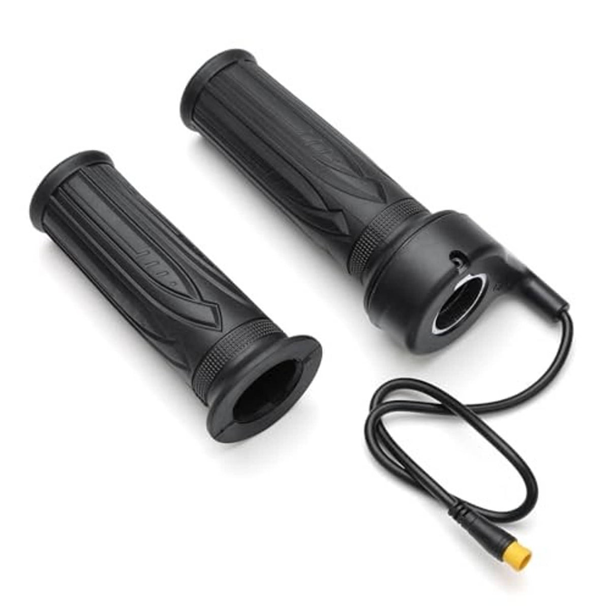 Black full-twist e-bike throttle grips with cable and yellow-tipped connector
