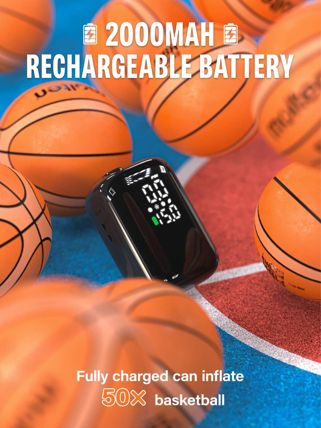 Black rechargeable electric ball pump with digital display beside basketballs