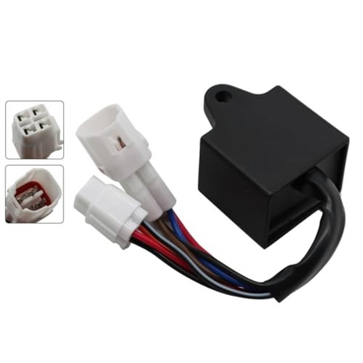 Black CDI ignition control box with black wire and two white connector plugs