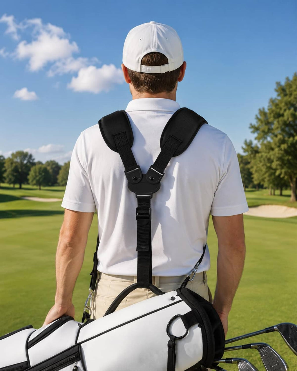 Black double shoulder golf bag strap on a golfer, adjustable harness with swivels