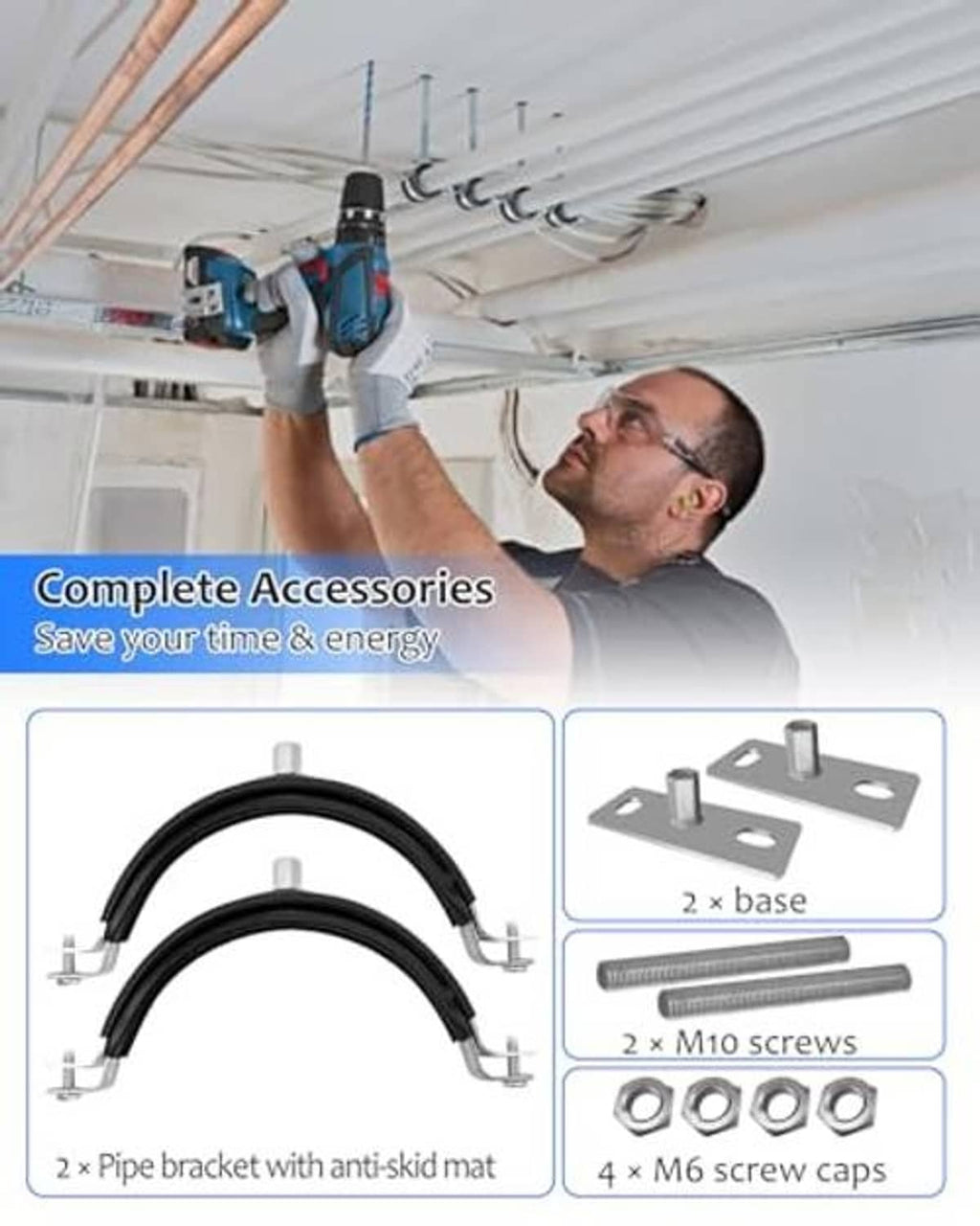 Pipe hanger accessory set: split-ring clamps, black mats, steel bases and screws