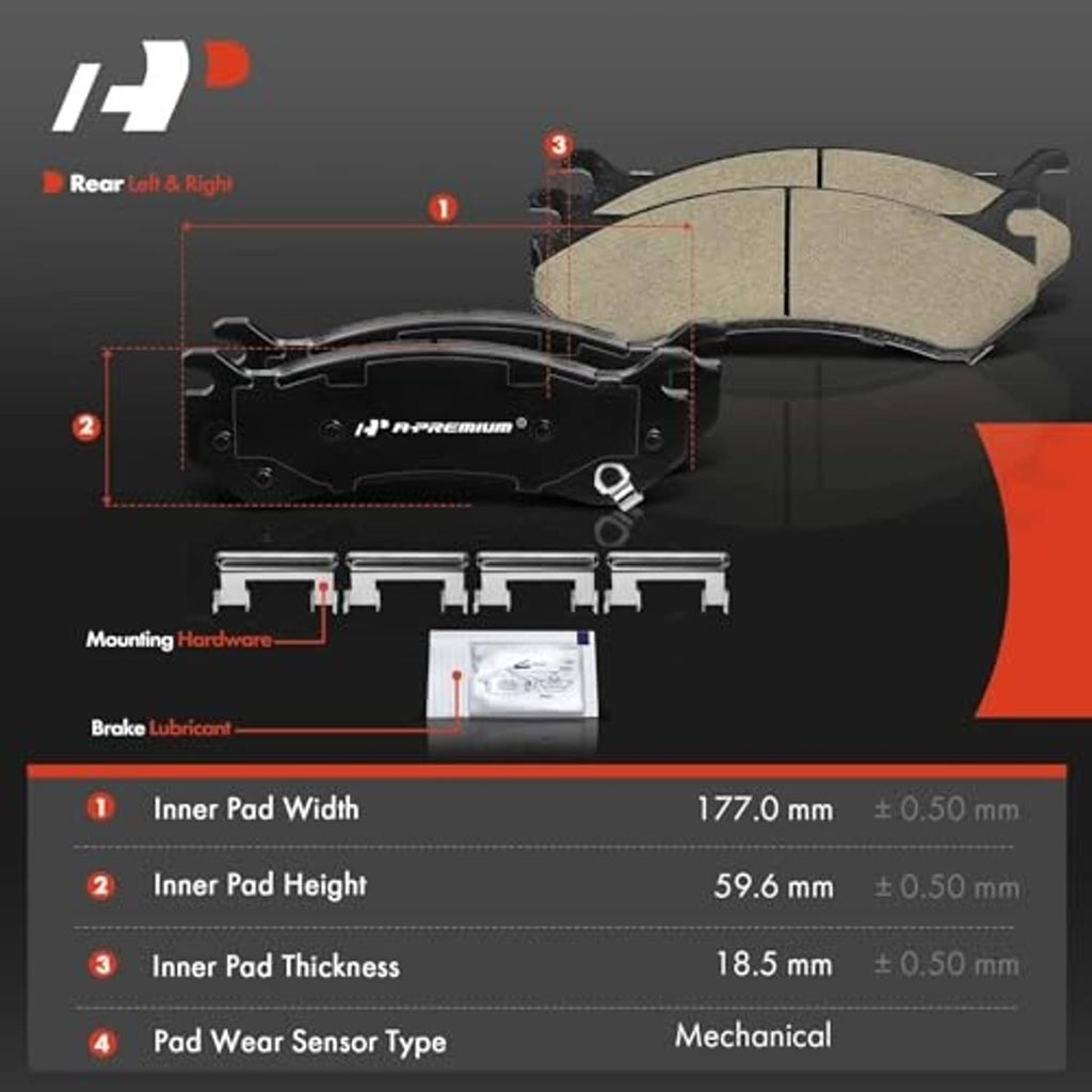 Ceramic rear brake pads with backing plates, mounting hardware, and shims