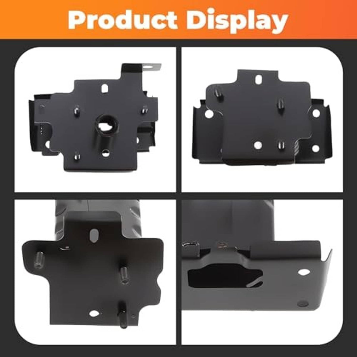 Black front bumper bracket set shown from multiple angles with mounting holes