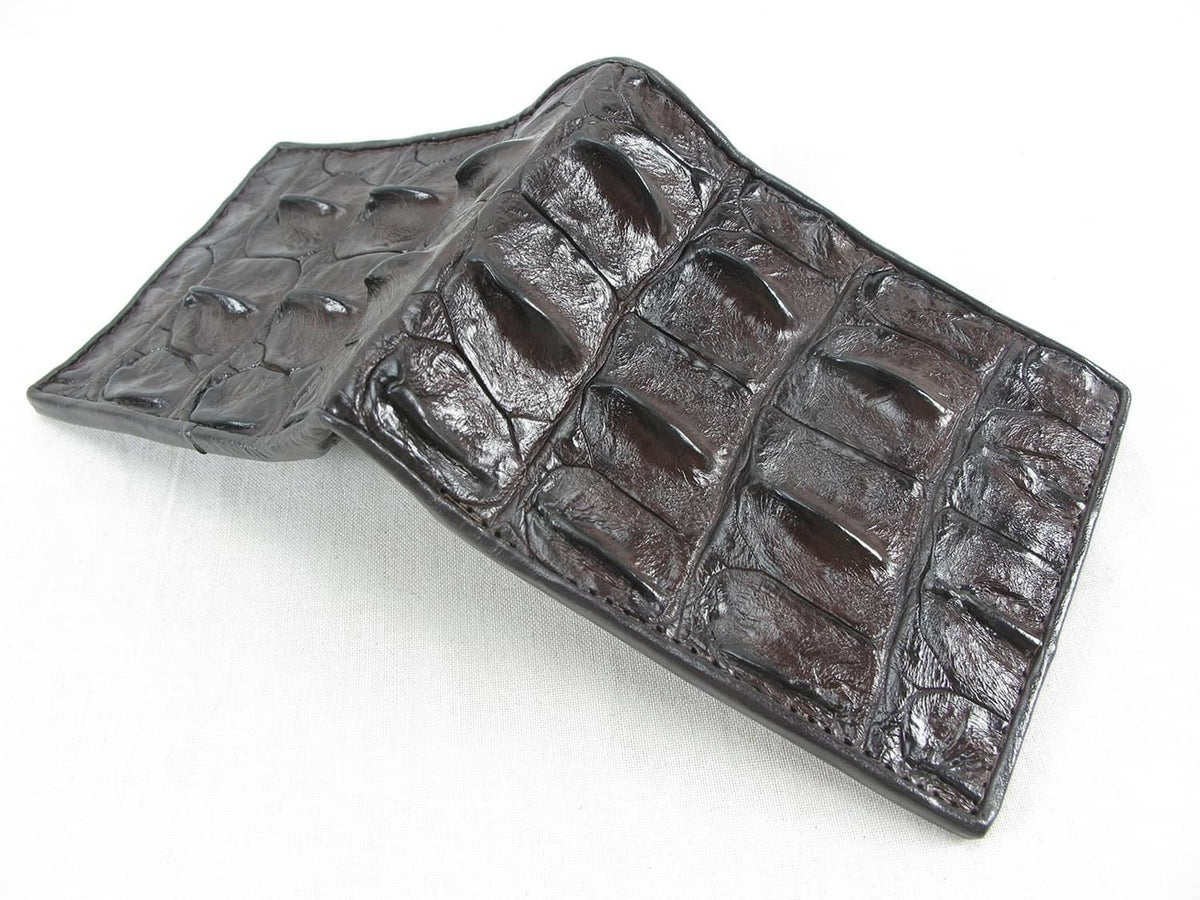 Chocolate brown crocodile skin wallet with flap-folded shape and textured finish