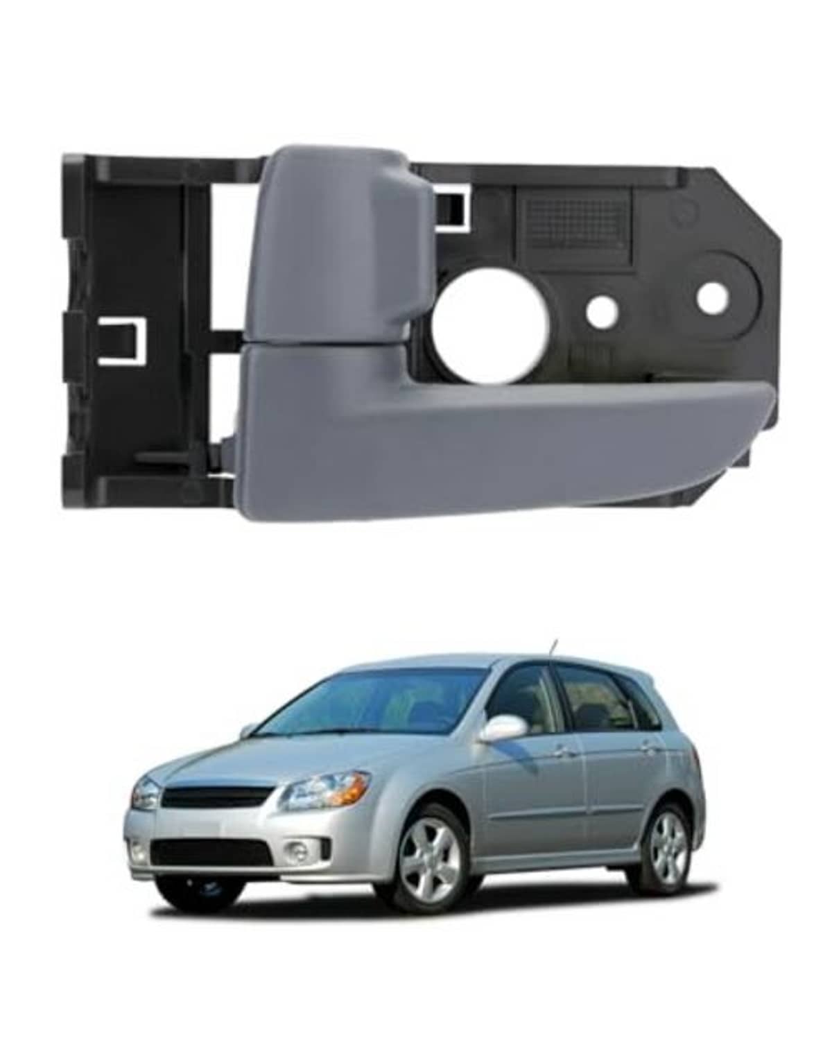 Gray driver door handle assembly with black bracket, rounded grip