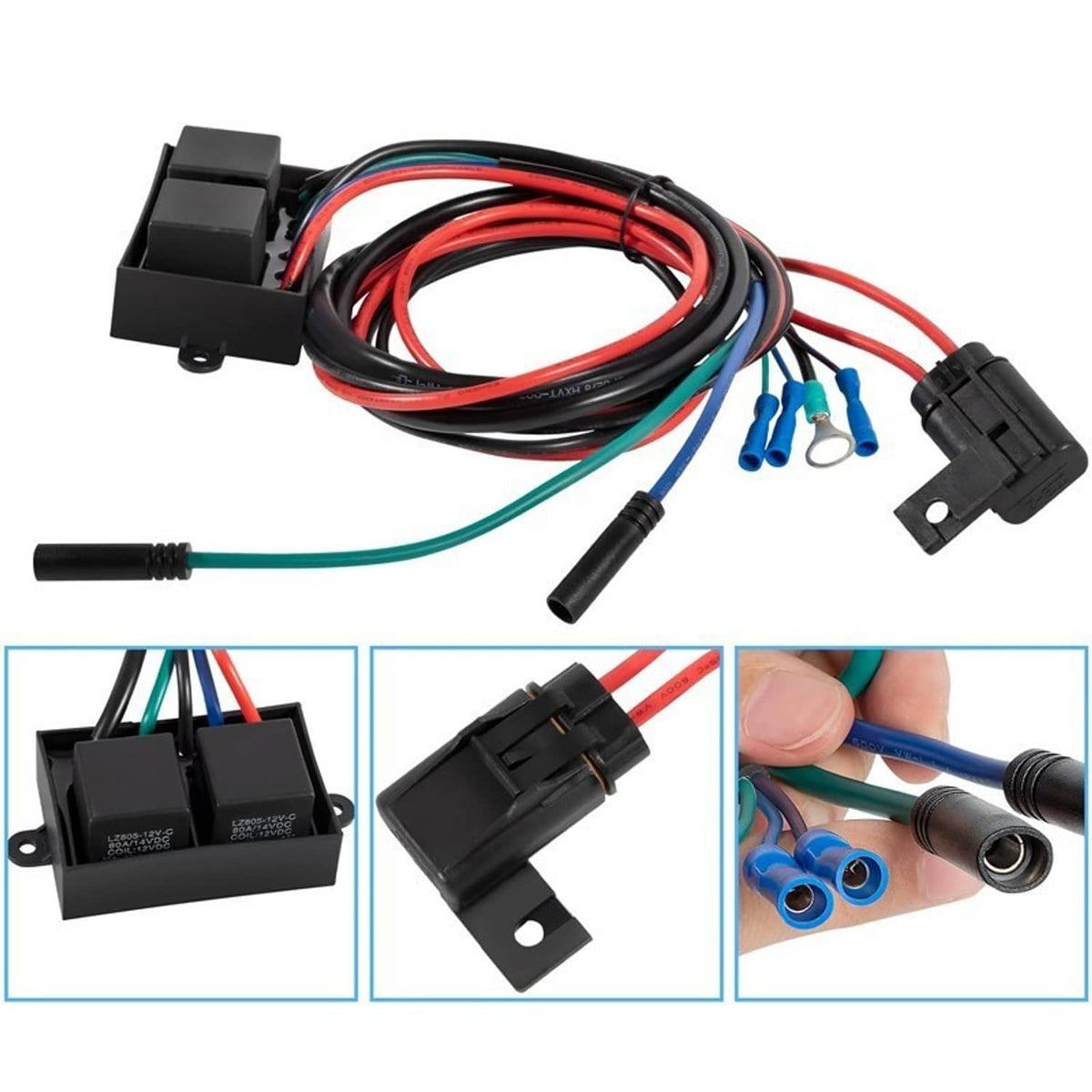 Marine relay harness wiring kit with black control modules, multicolor wires, and ring terminals
