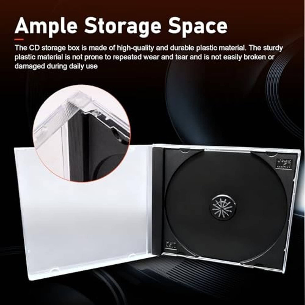 Clear CD jewel case opened to show black disc tray and transparent inner panel
