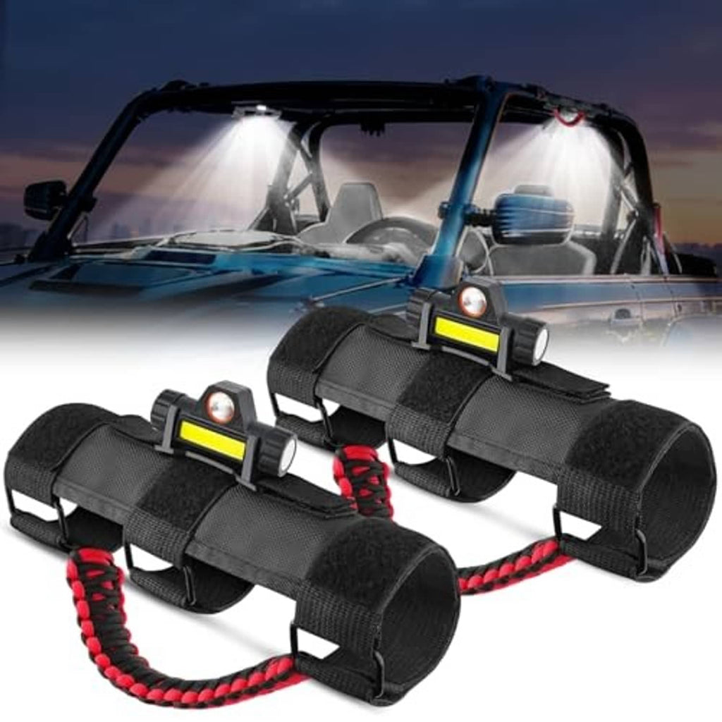 Black UTV dome light pair with grab handles and yellow LED panels, red braided strap cords