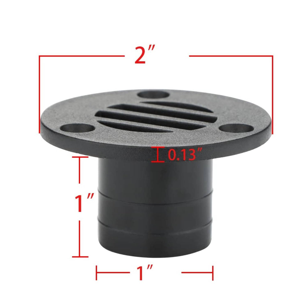 Black nylon deck drain fitting, round slotted grate with screw holes and 2 in size