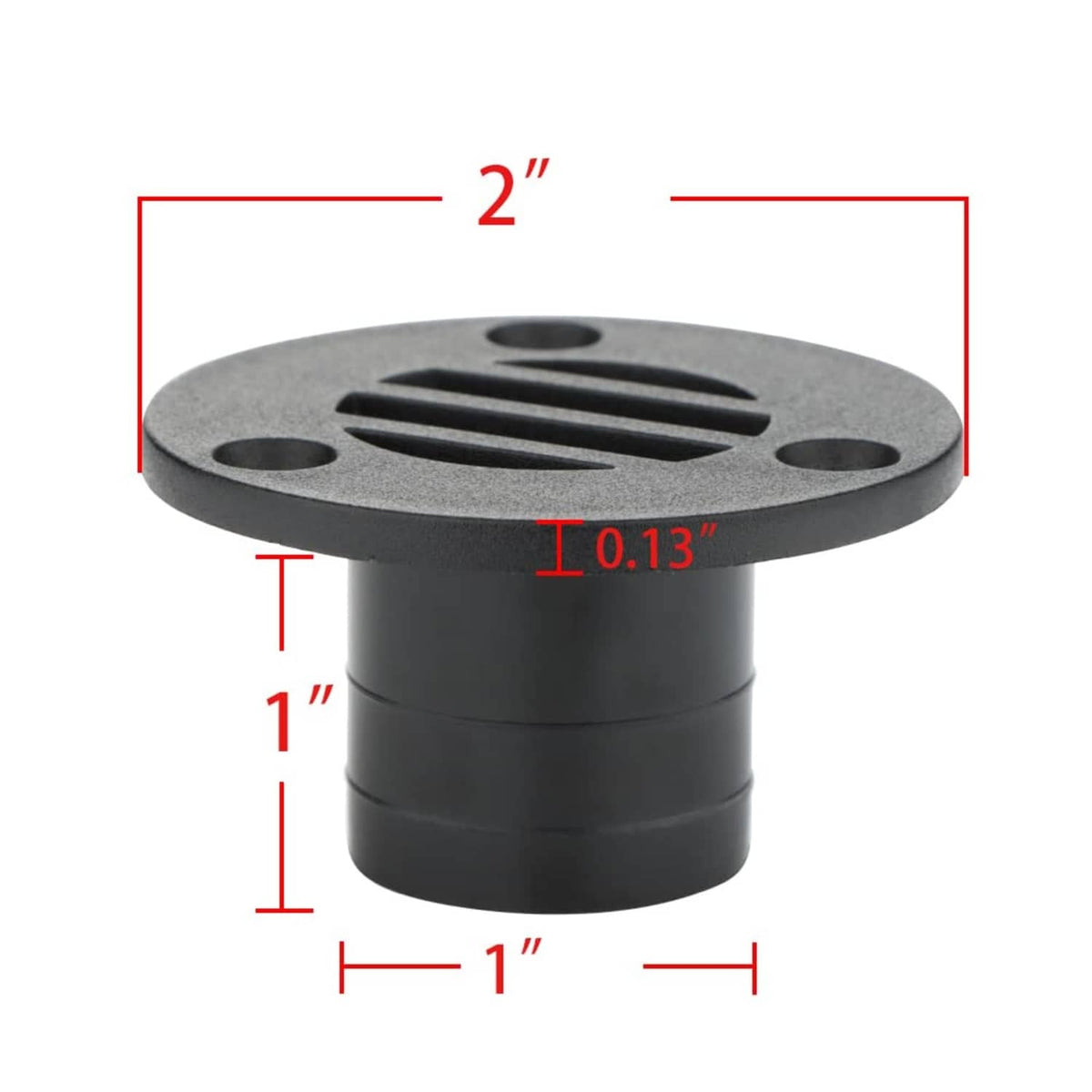 Black nylon deck drain fitting, round slotted grate with screw holes and 2 in size