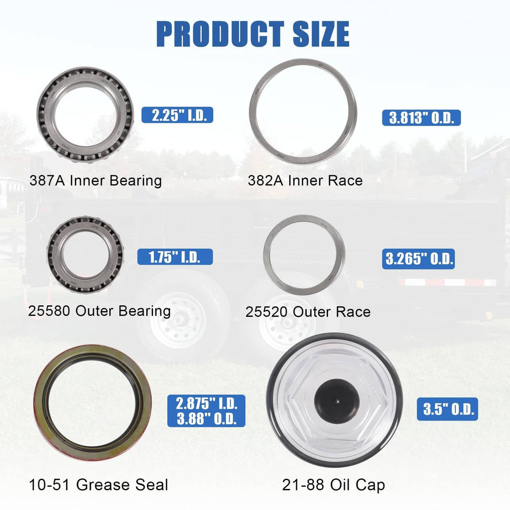 Trailer bearing kit size chart showing bearings, races, seals, and oil cap