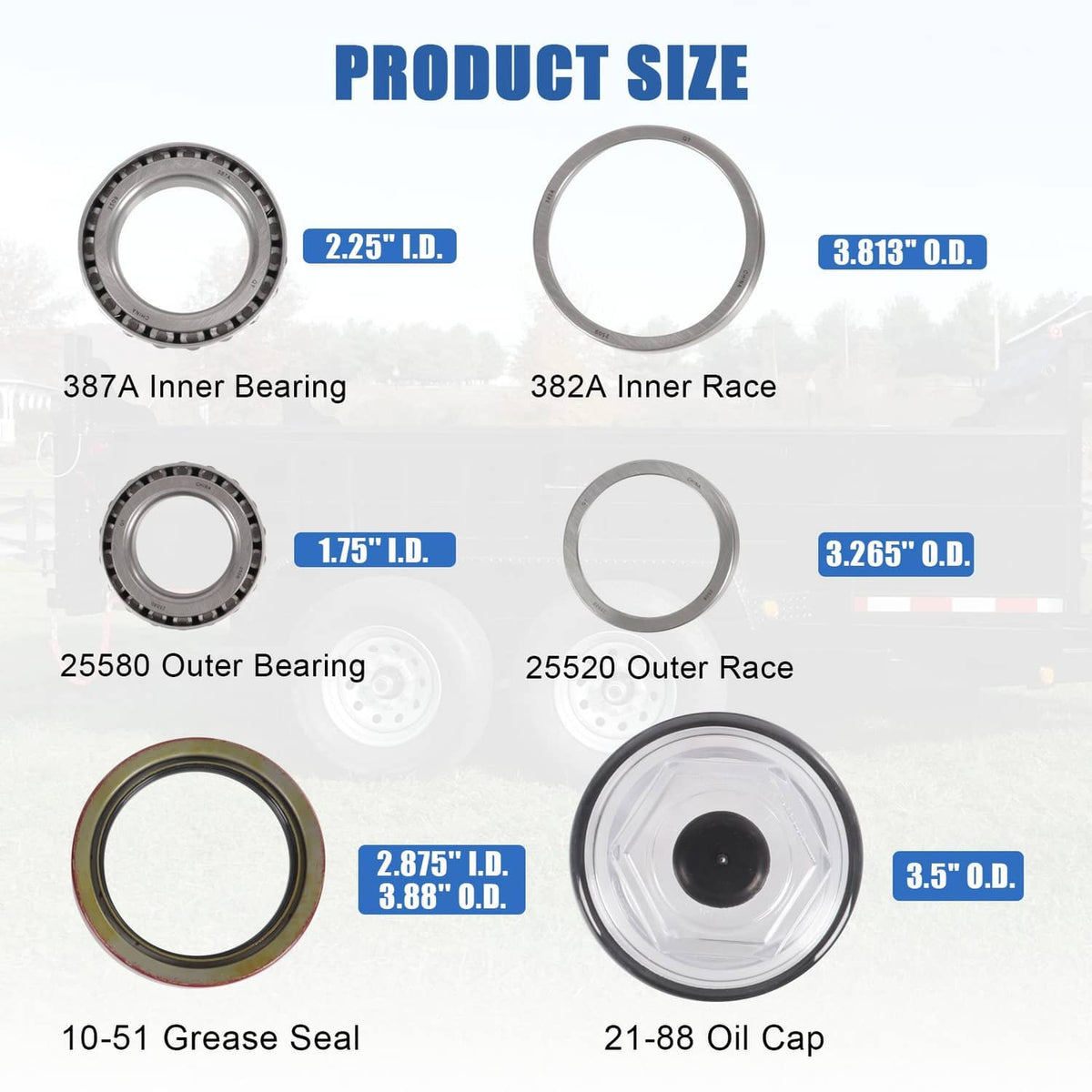 Trailer bearing kit size chart showing bearings, races, seals, and oil cap