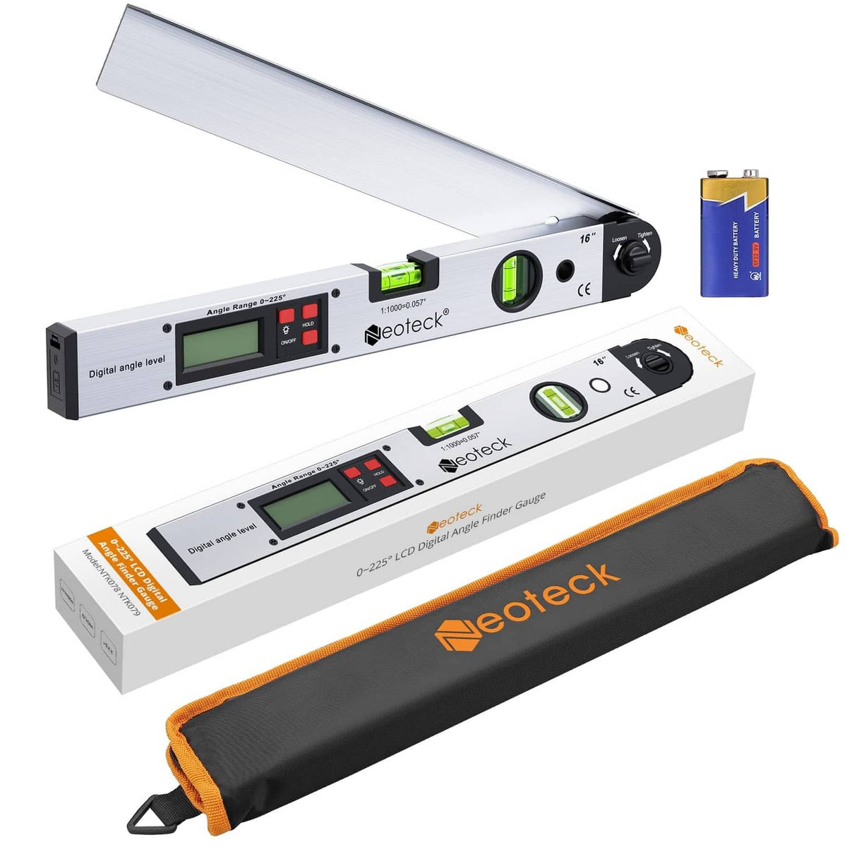 Digital angle finder with aluminum body and protective carrying case with orange trim