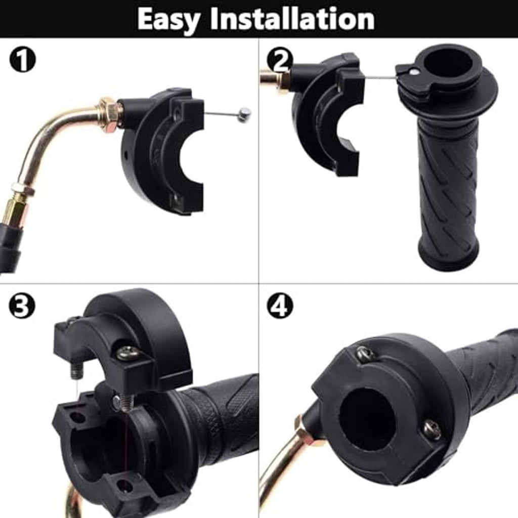 Black handlebar clamp and textured throttle grip with cable end connection