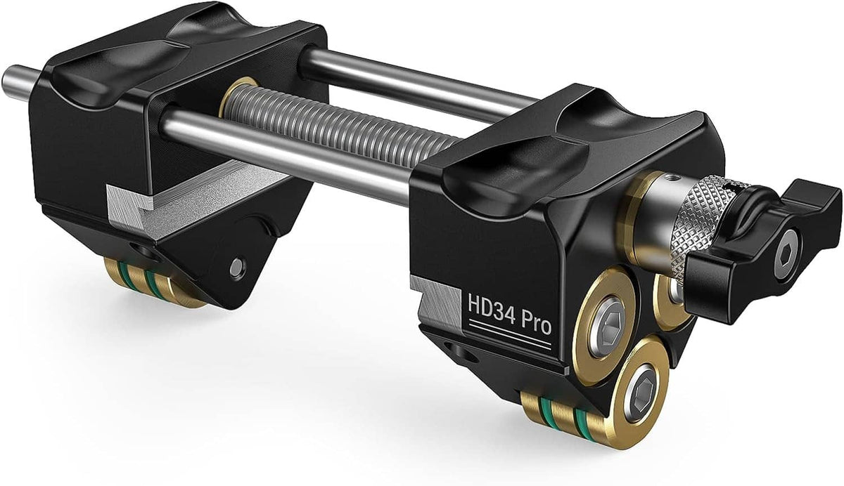 Honing guide tool with threaded rod, knurled wheel, and brass accents