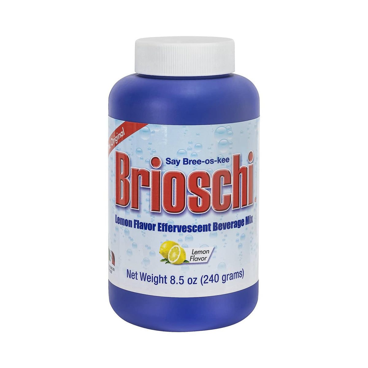 Brioschi lemon flavored effervescent beverage mix bottle, front label view