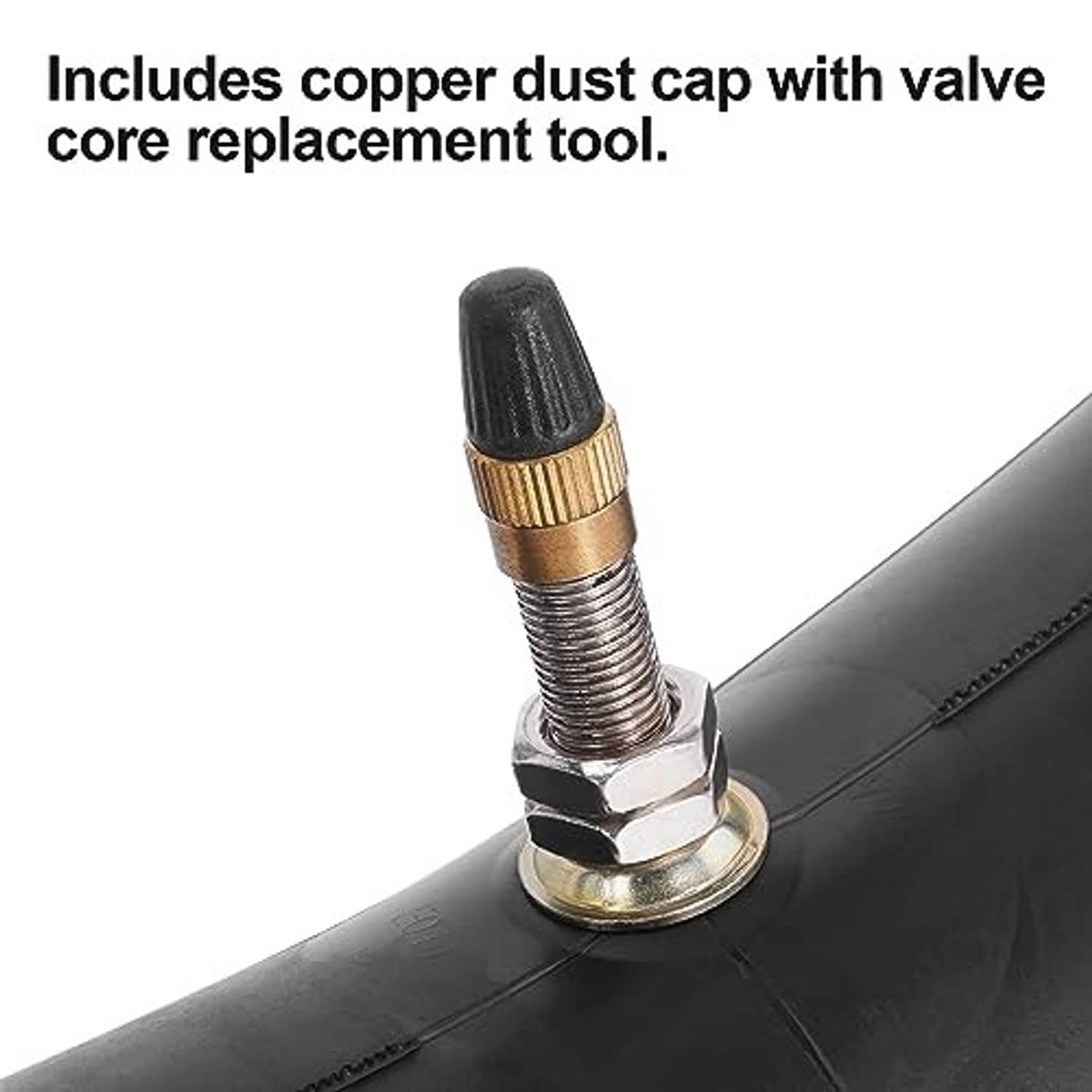 Motorcycle inner tube valve stem with copper dust cap and replacement tool